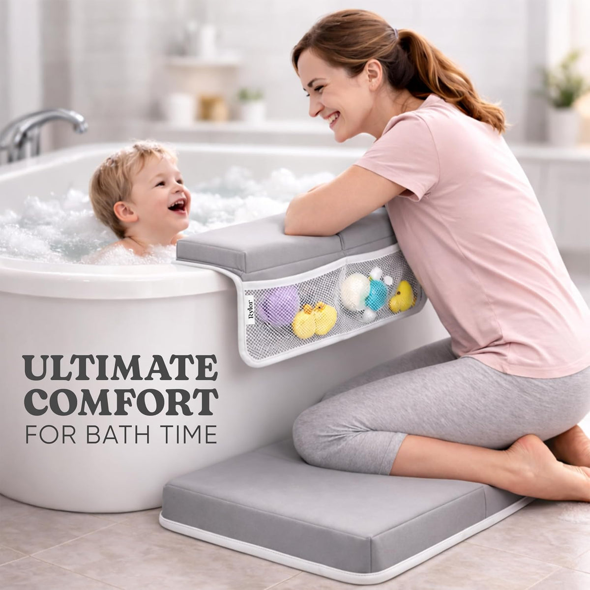 Premium Baby Bath Kneeler Mat & Elbow Rest Pad Set – Comfortable Bath Kneeler and Elbow Kneeling Rest Pad for Parents, Extra Long 26'', 2.4'' Thick, Non-Slip Support for Easy Bath Time (Gray)