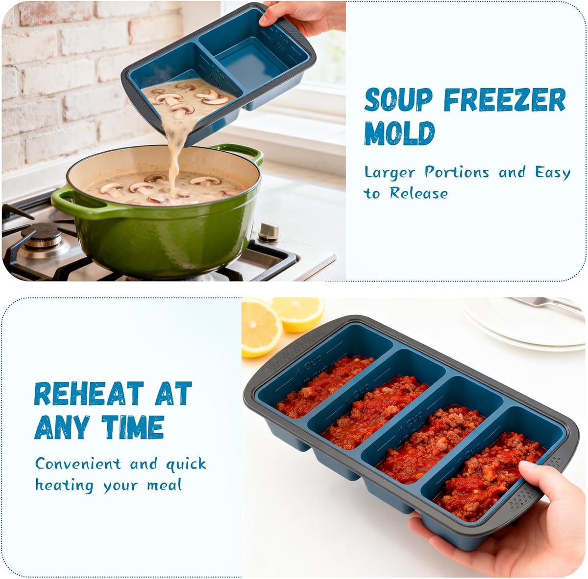 Silicone Soup Freezer Trays with Lids -, ½ cup, 1 cup, and 2 cup - Perfect Portion Control for Broth, Sauce & Meal Prep ，100% Platinum Silicone BPA-Free, Flexible, Dishwasher Safe