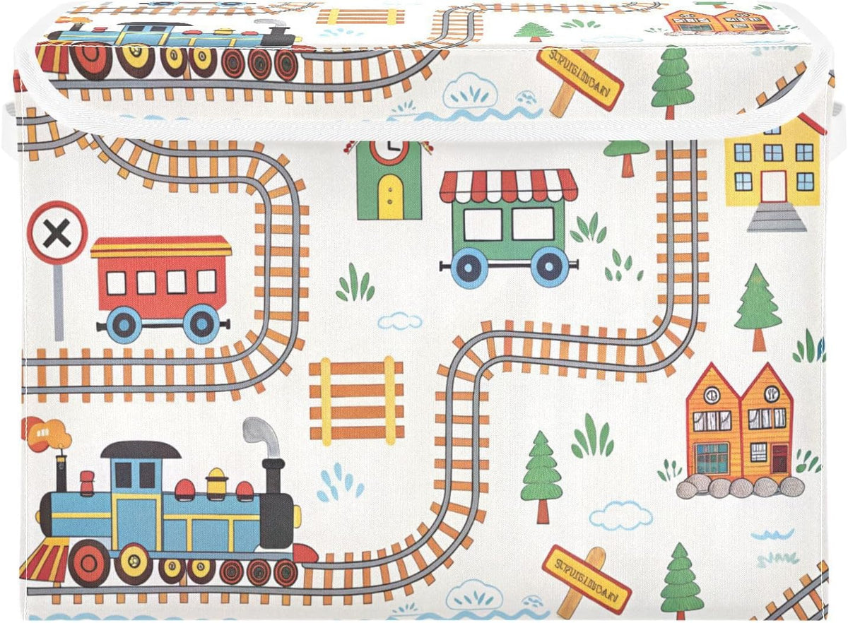 Cartoon Playful Train Fabric Storage Bin with Lid, Collapsible Basket with Handles, Shelf Cube Closet Organizer for Home and Bedroom