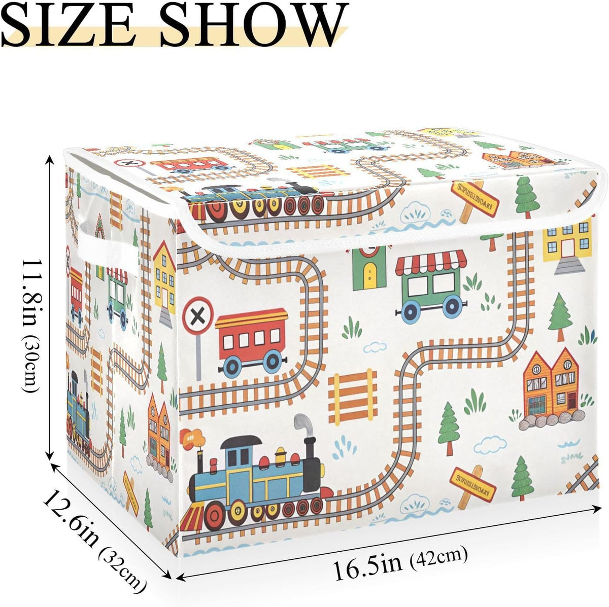 Cartoon Playful Train Fabric Storage Bin with Lid, Collapsible Basket with Handles, Shelf Cube Closet Organizer for Home and Bedroom