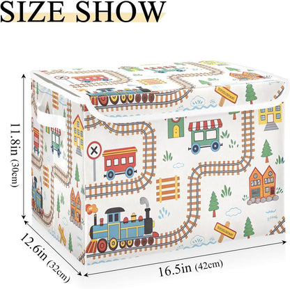 Cartoon Playful Train Fabric Storage Bin with Lid, Collapsible Basket with Handles, Shelf Cube Closet Organizer for Home and Bedroom