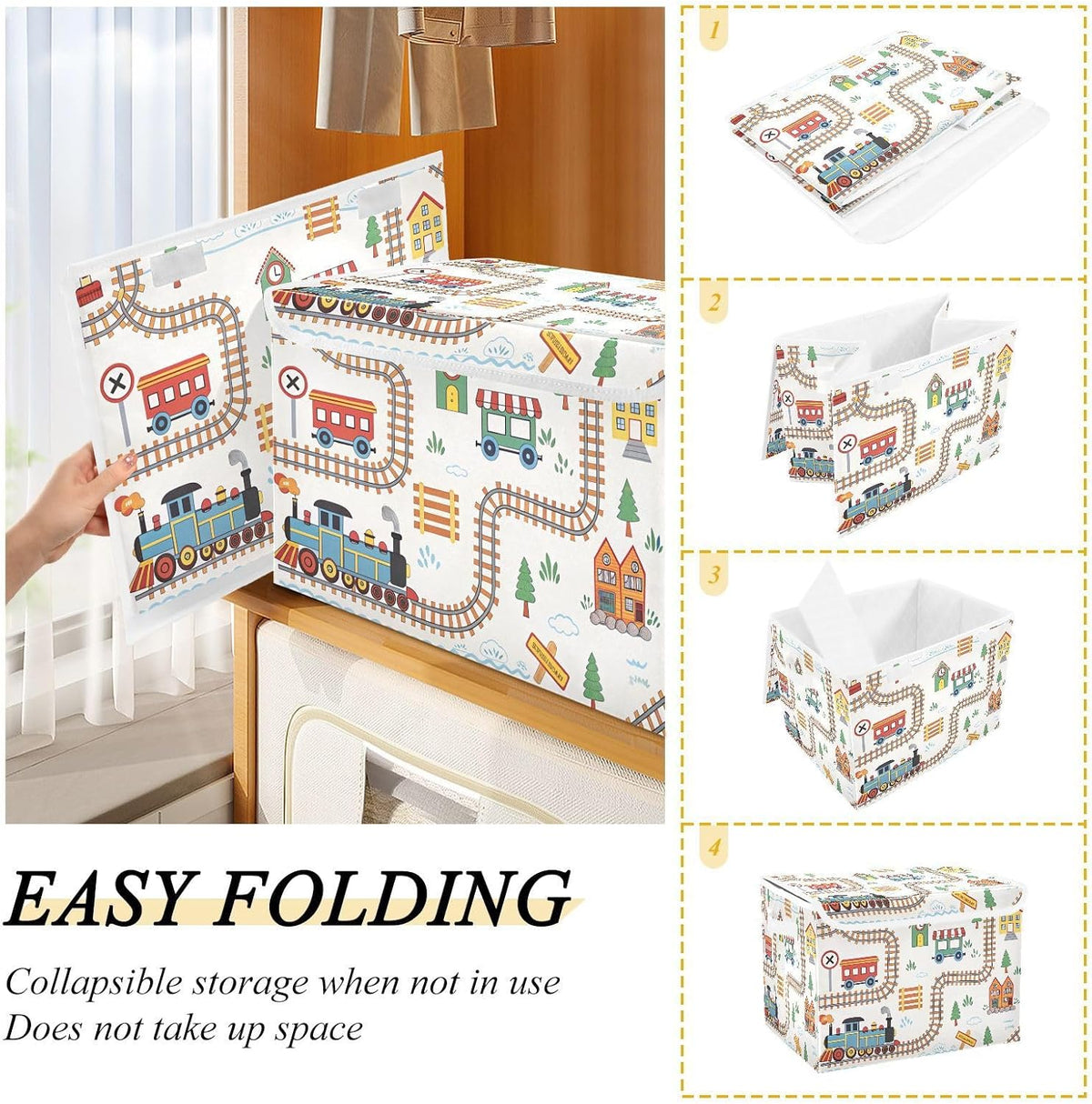 Cartoon Playful Train Fabric Storage Bin with Lid, Collapsible Basket with Handles, Shelf Cube Closet Organizer for Home and Bedroom