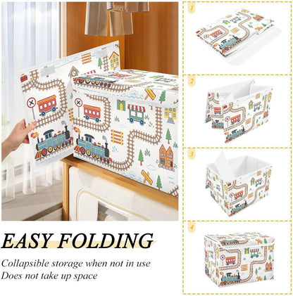 Cartoon Playful Train Fabric Storage Bin with Lid, Collapsible Basket with Handles, Shelf Cube Closet Organizer for Home and Bedroom