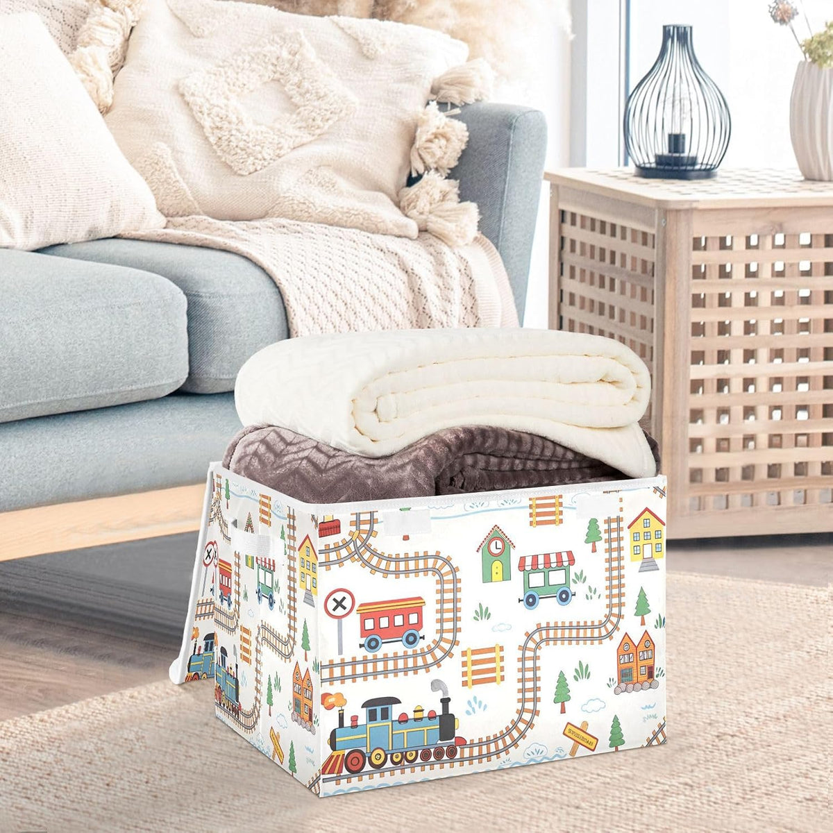 Cartoon Playful Train Fabric Storage Bin with Lid, Collapsible Basket with Handles, Shelf Cube Closet Organizer for Home and Bedroom