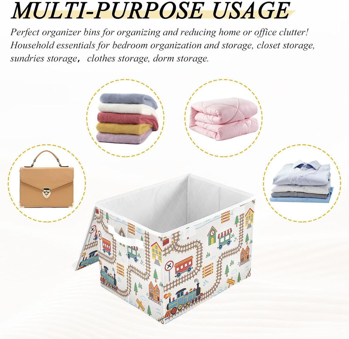Cartoon Playful Train Fabric Storage Bin with Lid, Collapsible Basket with Handles, Shelf Cube Closet Organizer for Home and Bedroom