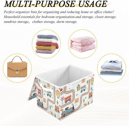 Cartoon Playful Train Fabric Storage Bin with Lid, Collapsible Basket with Handles, Shelf Cube Closet Organizer for Home and Bedroom
