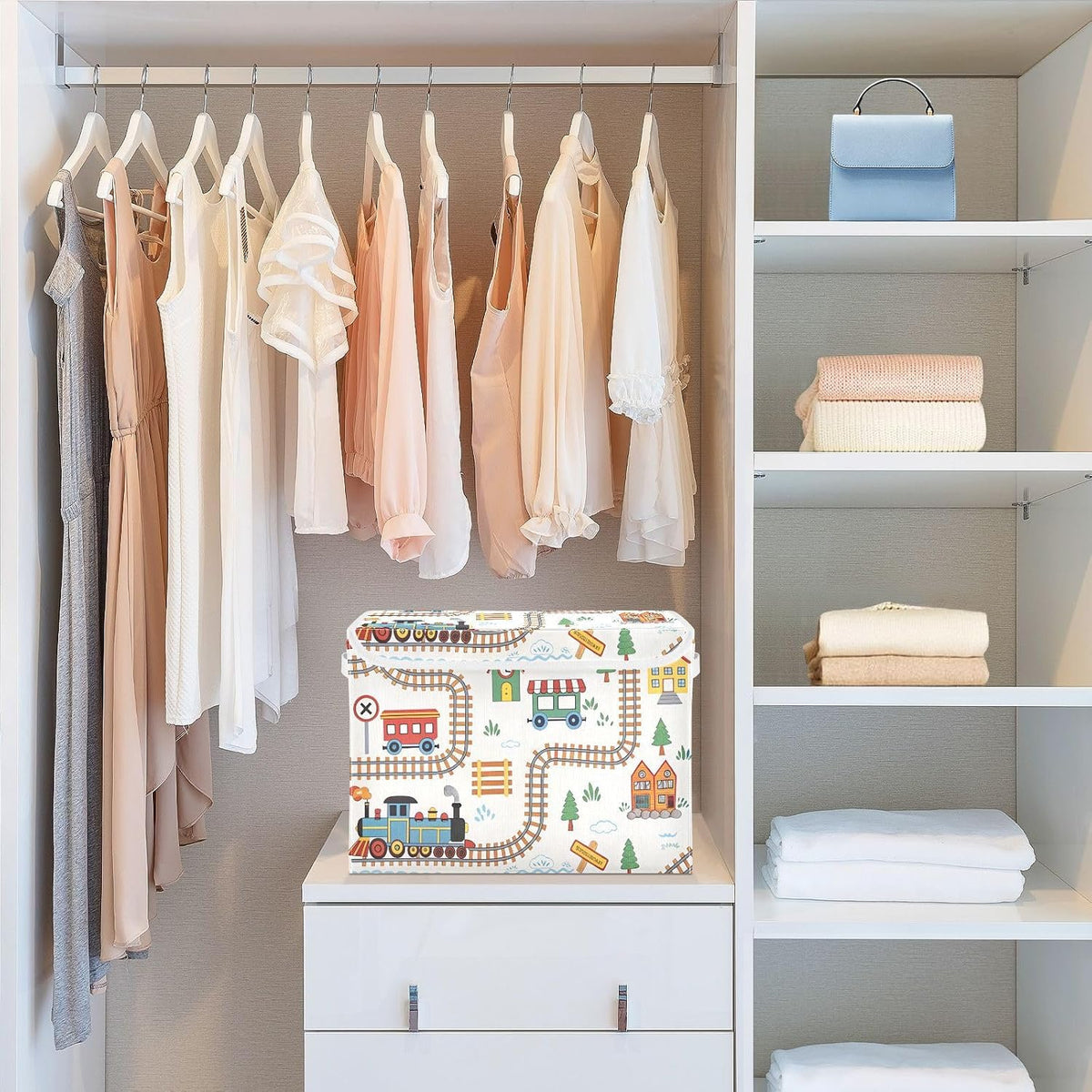 Cartoon Playful Train Fabric Storage Bin with Lid, Collapsible Basket with Handles, Shelf Cube Closet Organizer for Home and Bedroom
