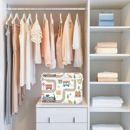 Cartoon Playful Train Fabric Storage Bin with Lid, Collapsible Basket with Handles, Shelf Cube Closet Organizer for Home and Bedroom