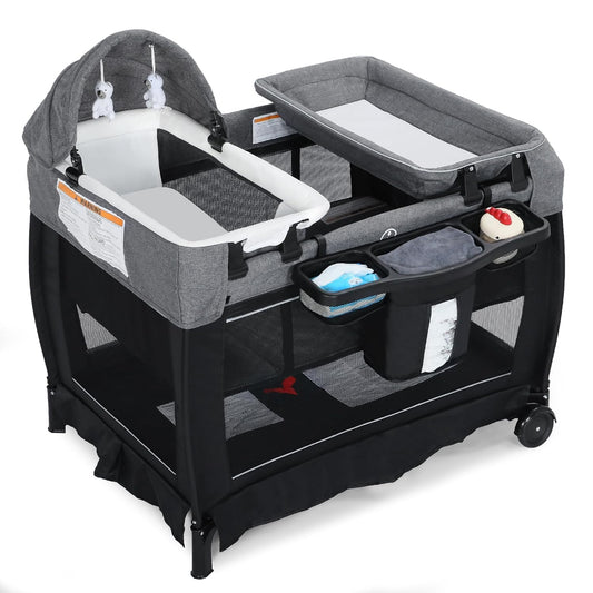 4 in 1 Foldable Pack and Play with Bassinet & Changing Table