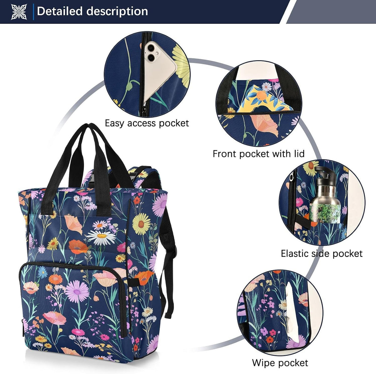Diaper Bag Backpack, Multifunction Travel Bag for Moms Dads, Baby Changing Bag with Insulted Pockets, Stroller Straps and Side Bottle Pockets Colorful Floral Pattern