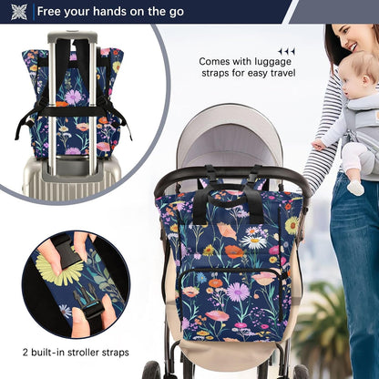 Diaper Bag Backpack, Multifunction Travel Bag for Moms Dads, Baby Changing Bag with Insulted Pockets, Stroller Straps and Side Bottle Pockets Colorful Floral Pattern