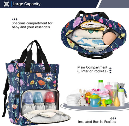 Diaper Bag Backpack, Multifunction Travel Bag for Moms Dads, Baby Changing Bag with Insulted Pockets, Stroller Straps and Side Bottle Pockets Colorful Floral Pattern