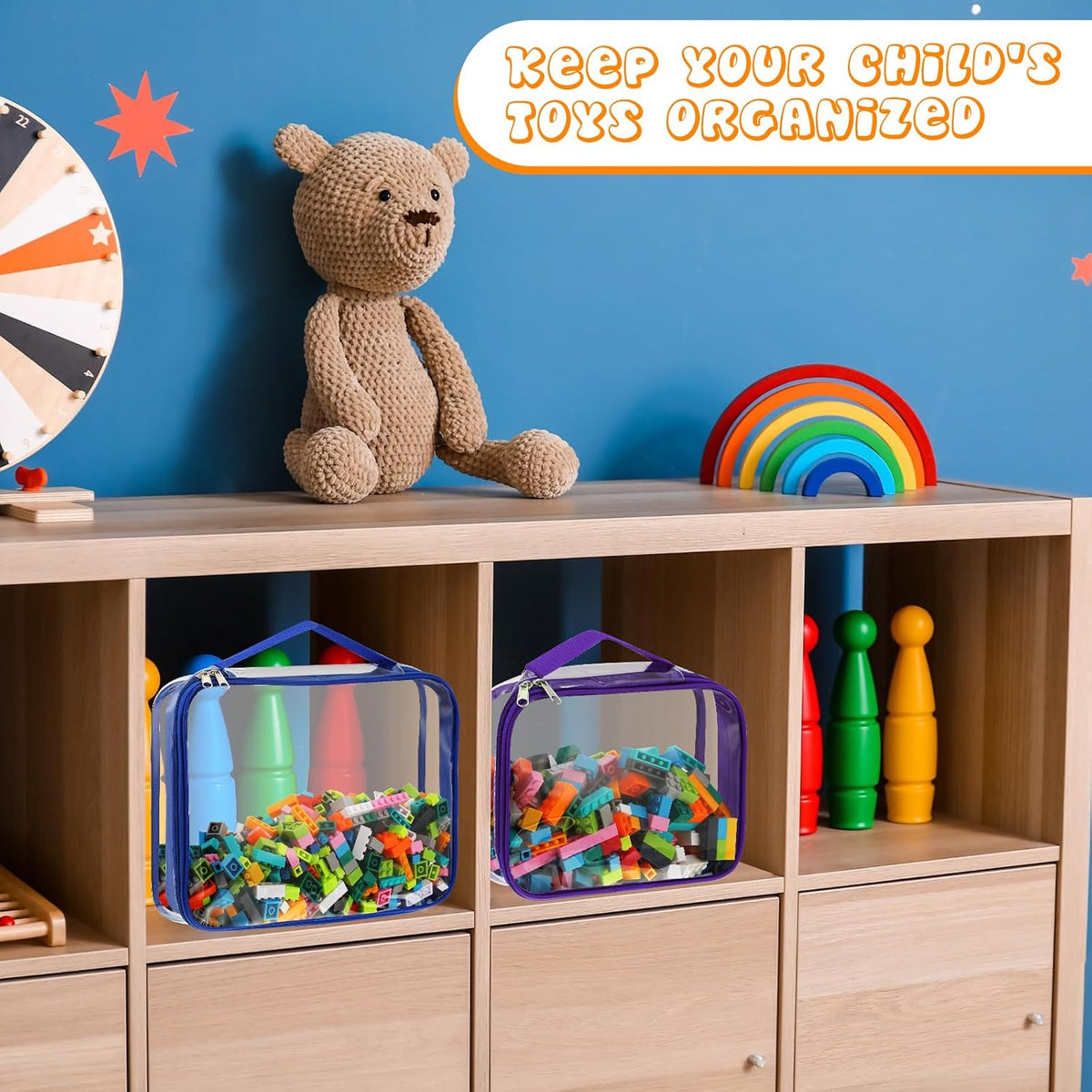 6 Packs Toy Storage Bags with Zipper,Large,Bright Color