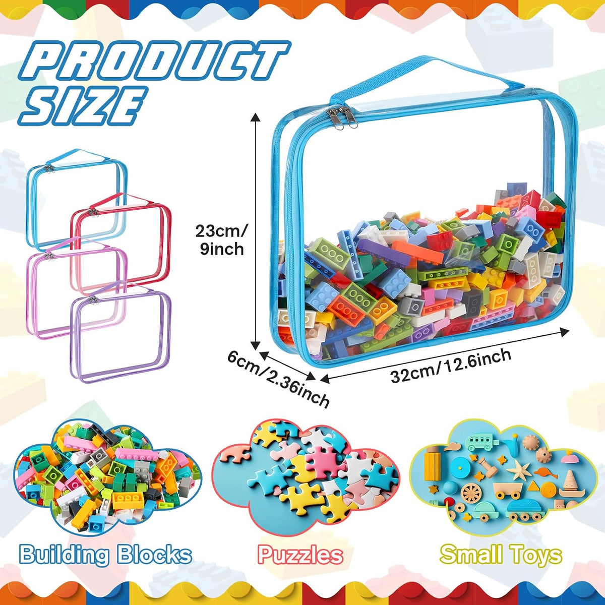 6 Packs Toy Storage Bags with Zipper,Large,Bright Color