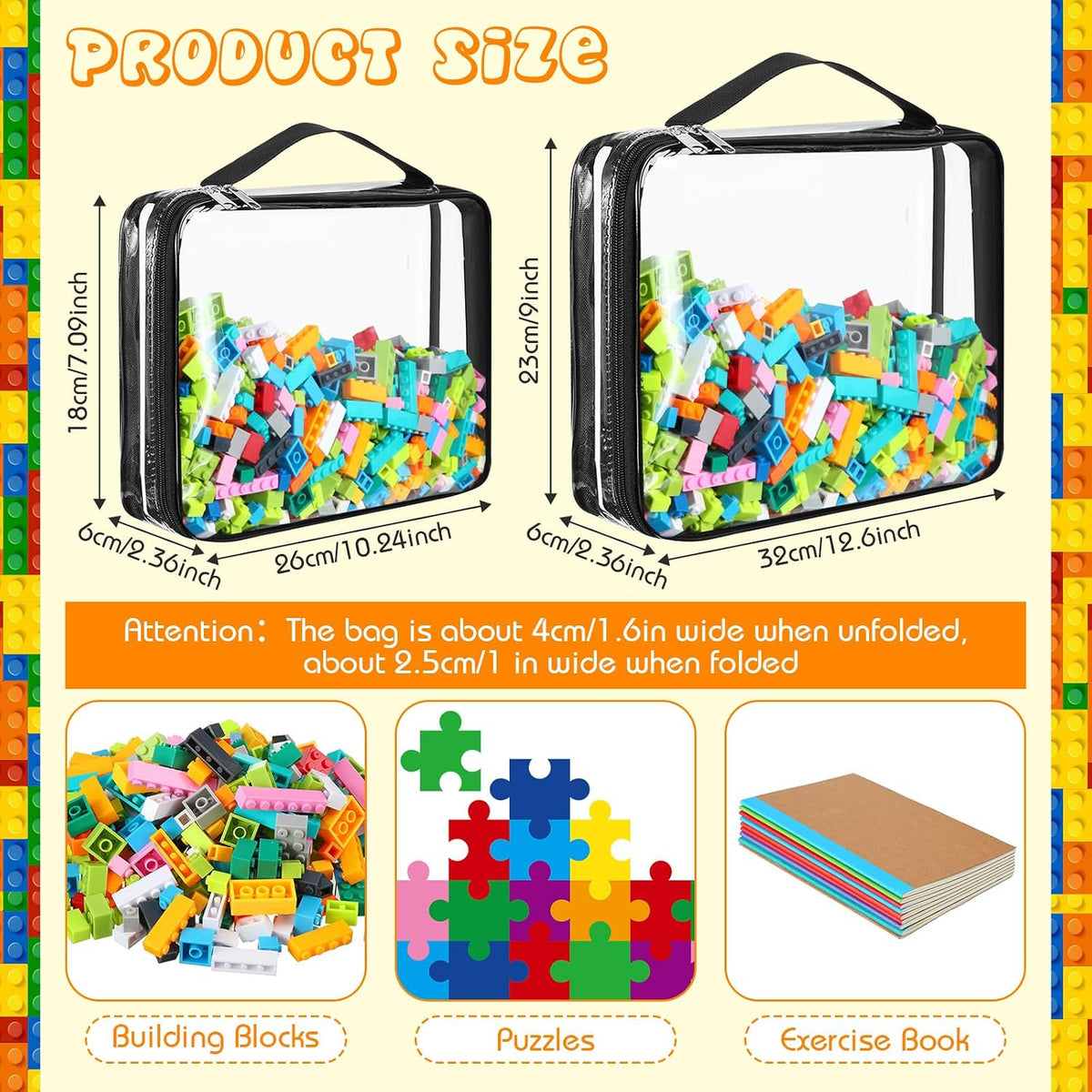 6 Packs Toy Storage Bags with Zipper,Large,Bright Color