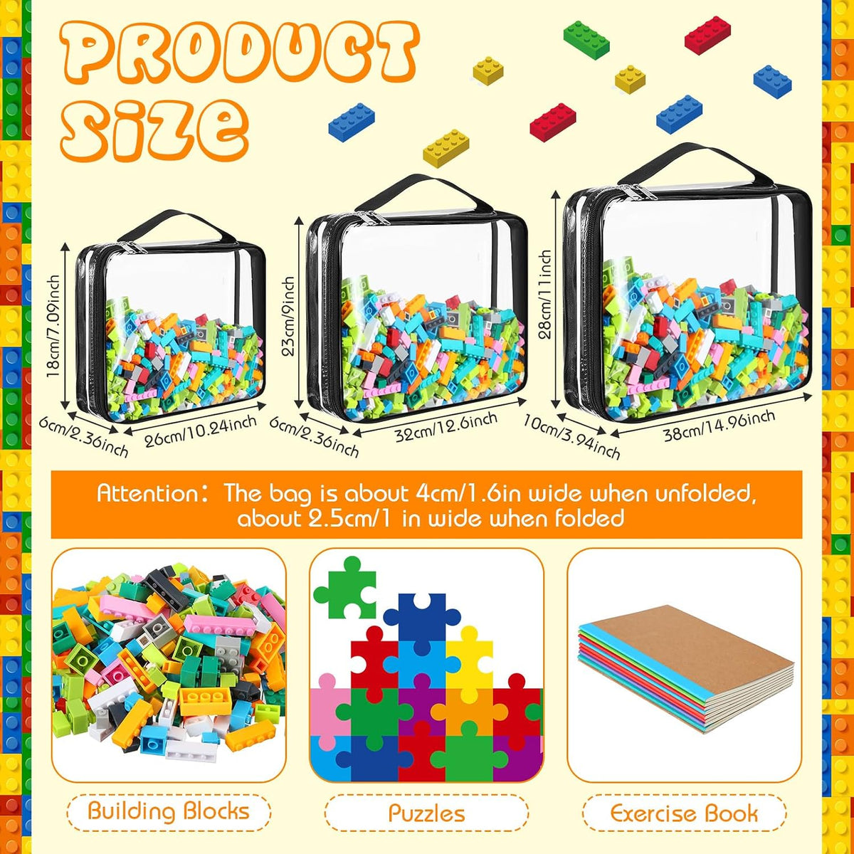 6 Packs Toy Storage Bags with Zipper,Large,Bright Color