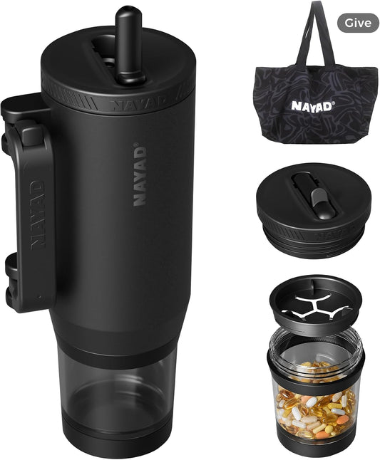 23oz Insulated Tumbler with Foldable Handle & 10ozDetachable Snack/Pill Box | Daul Lids tumbler+10oz container for snacks, supplements, pills, earbuds, powder. Ideal gym office travel hiking(black）