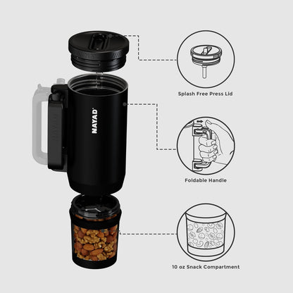 23oz Insulated Tumbler with Foldable Handle & 10ozDetachable Snack/Pill Box | Daul Lids tumbler+10oz container for snacks, supplements, pills, earbuds, powder. Ideal gym office travel hiking(black）