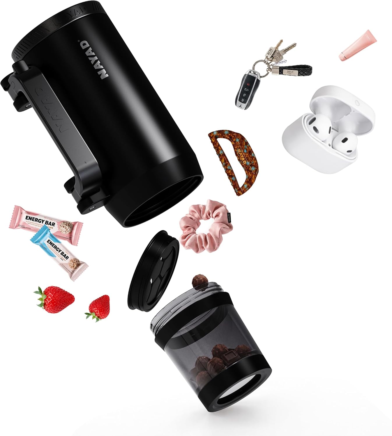 23oz Insulated Tumbler with Foldable Handle & 10ozDetachable Snack/Pill Box | Daul Lids tumbler+10oz container for snacks, supplements, pills, earbuds, powder. Ideal gym office travel hiking(black）