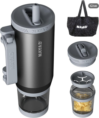 23oz Insulated Tumbler with Foldable Handle & 10ozDetachable Snack/Pill Box | Daul Lids tumbler+10oz container for snacks, supplements, pills, earbuds, powder. Ideal gym office travel hiking(black）
