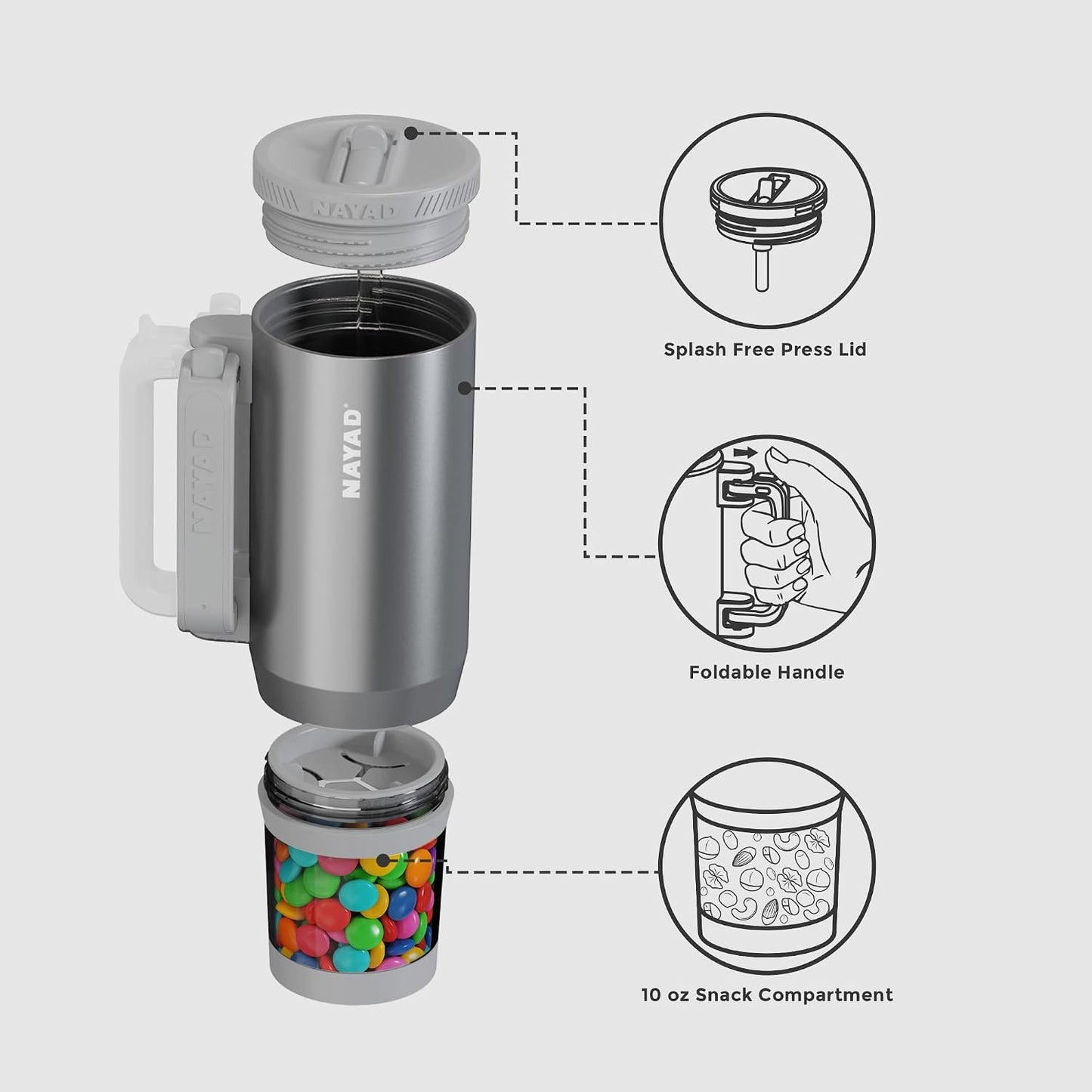 23oz Insulated Tumbler with Foldable Handle & 10ozDetachable Snack/Pill Box | Daul Lids tumbler+10oz container for snacks, supplements, pills, earbuds, powder. Ideal gym office travel hiking(black）