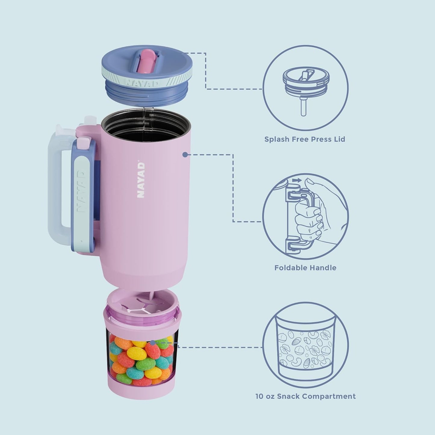 23oz Insulated Tumbler with Foldable Handle & 10ozDetachable Snack/Pill Box | Daul Lids tumbler+10oz container for snacks, supplements, pills, earbuds, powder. Ideal gym office travel hiking(black）