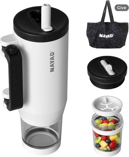 23oz Insulated Tumbler with Foldable Handle & 10ozDetachable Snack/Pill Box | Daul Lids tumbler+10oz container for snacks, supplements, pills, earbuds, powder. Ideal gym office travel hiking(black）