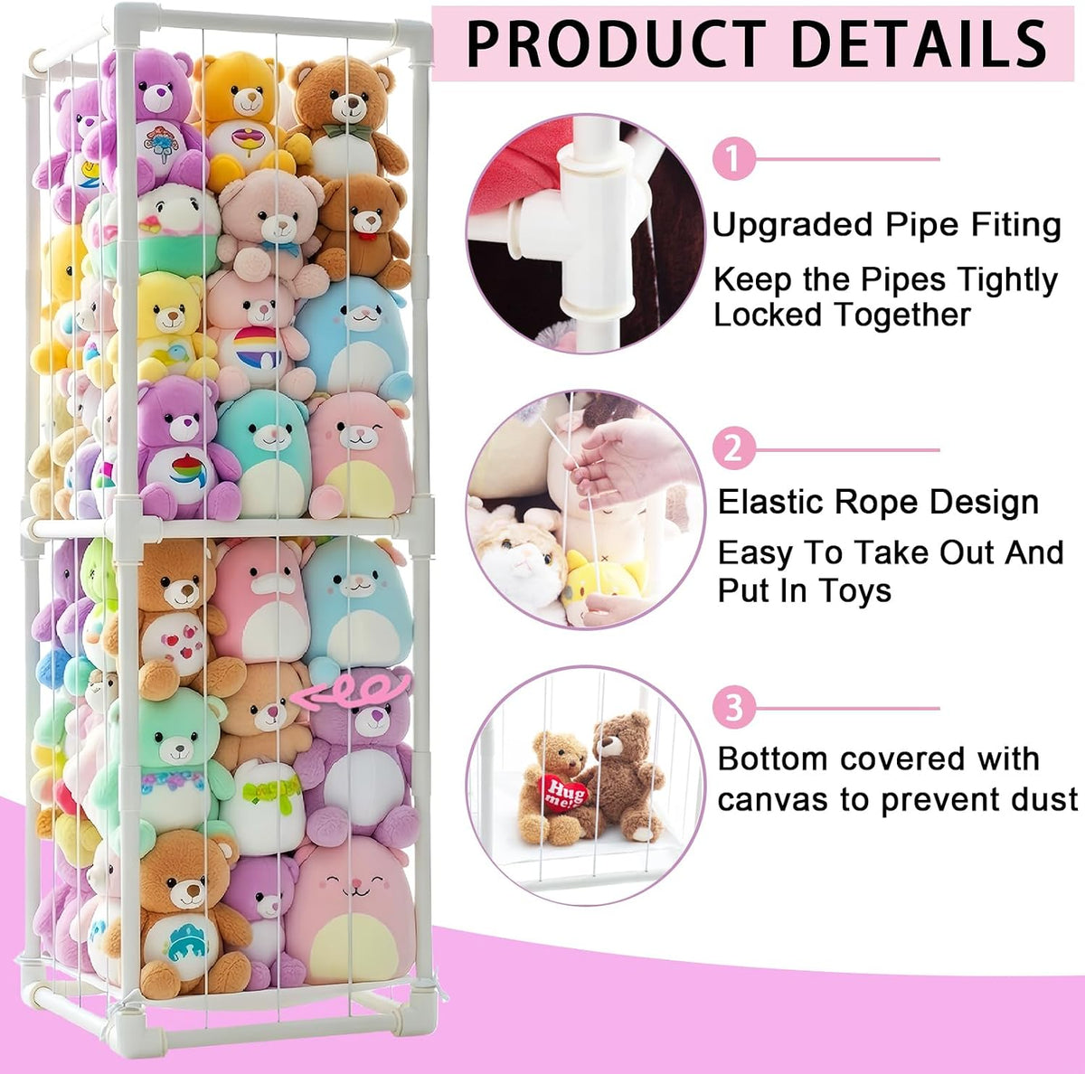 Stuffed Animal Storage Pre-Threaded Bungee Push-Lock Toolless Toy Organizer