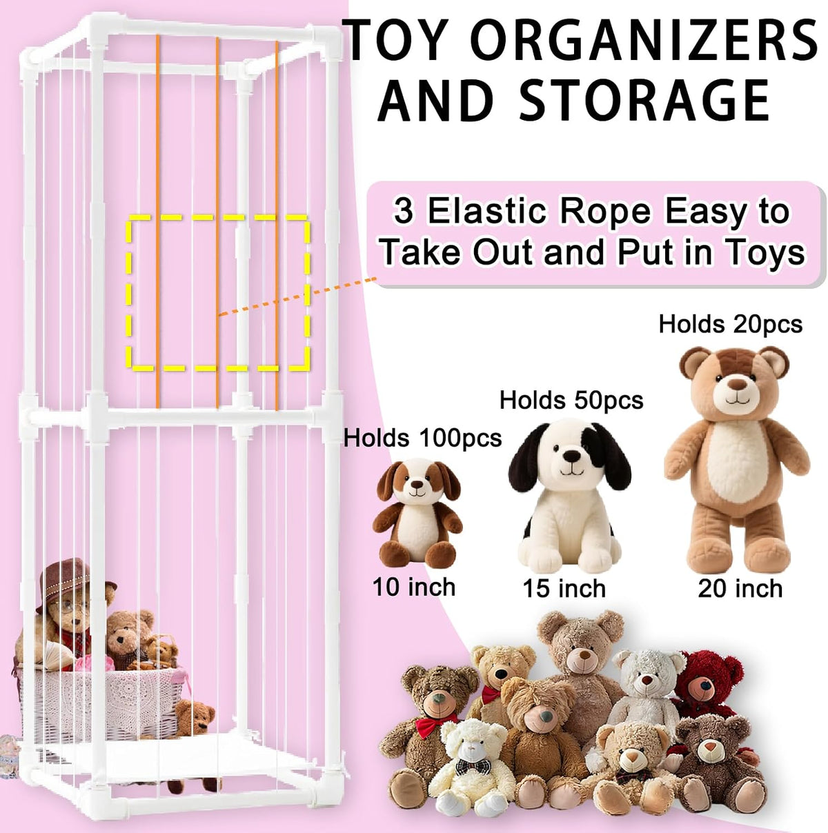 Stuffed Animal Storage Pre-Threaded Bungee Push-Lock Toolless Toy Organizer