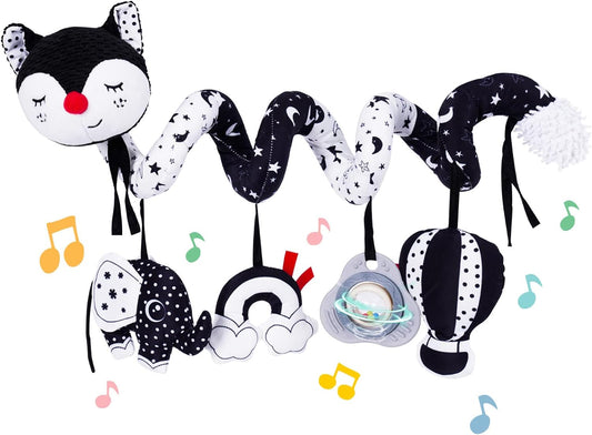 Car Seat Toys, Infant Baby Spiral Plush Activity Hanging Toy for Stroller Bar Pram Crib with Music Box BB Squeaker & Rattles(Black Fox)
