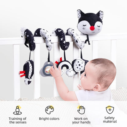 Car Seat Toys, Infant Baby Spiral Plush Activity Hanging Toy for Stroller Bar Pram Crib with Music Box BB Squeaker & Rattles(Black Fox)