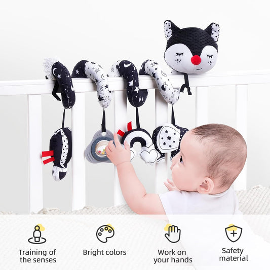 Car Seat Toys, Infant Baby Spiral Plush Activity Hanging Toy for Stroller Bar Pram Crib with Music Box BB Squeaker & Rattles(Black Fox)