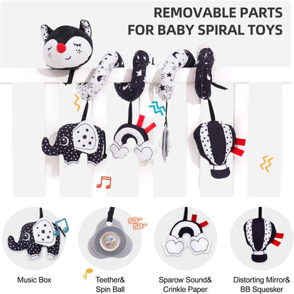 Car Seat Toys, Infant Baby Spiral Plush Activity Hanging Toy for Stroller Bar Pram Crib with Music Box BB Squeaker & Rattles(Black Fox)