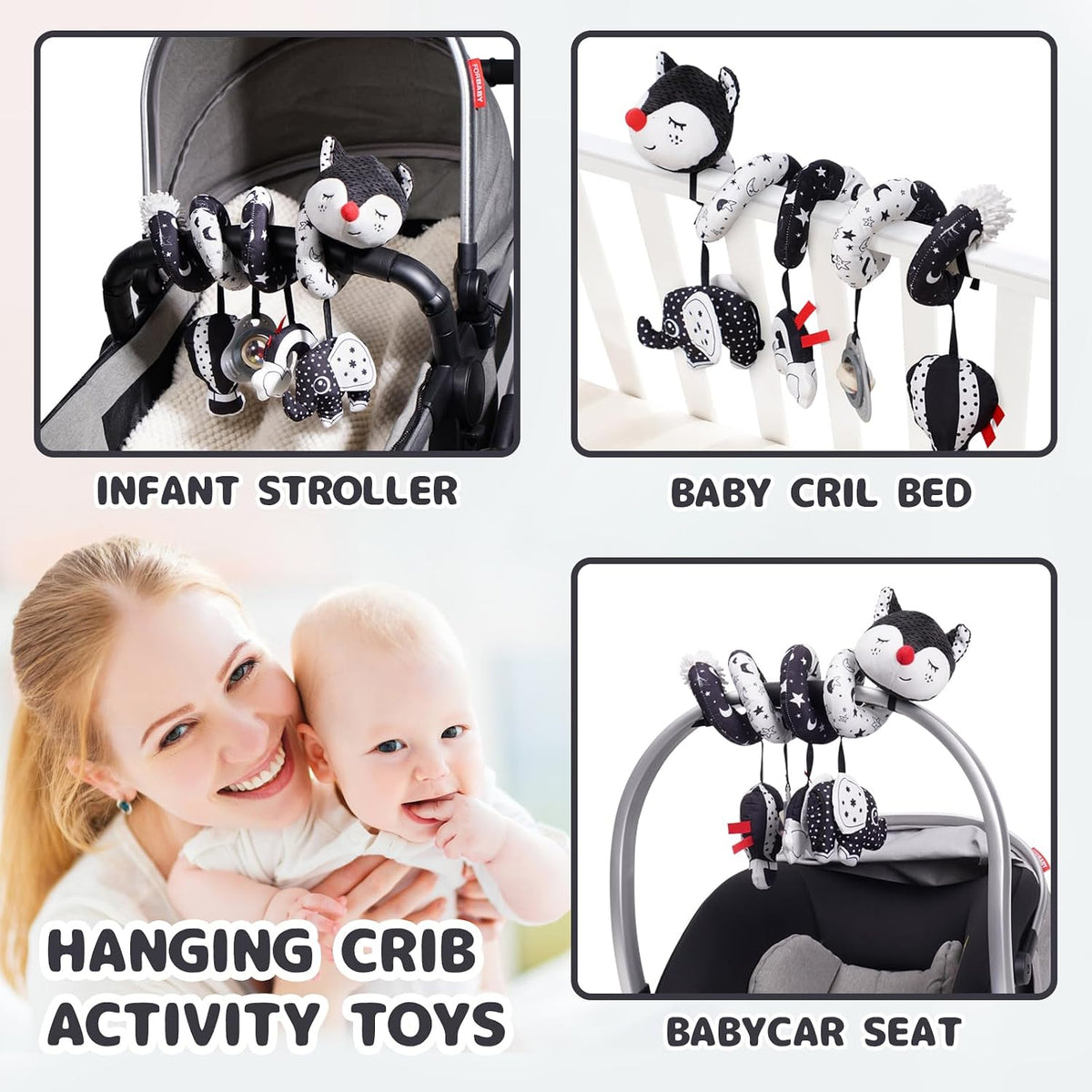 Car Seat Toys, Infant Baby Spiral Plush Activity Hanging Toy for Stroller Bar Pram Crib with Music Box BB Squeaker & Rattles(Black Fox)