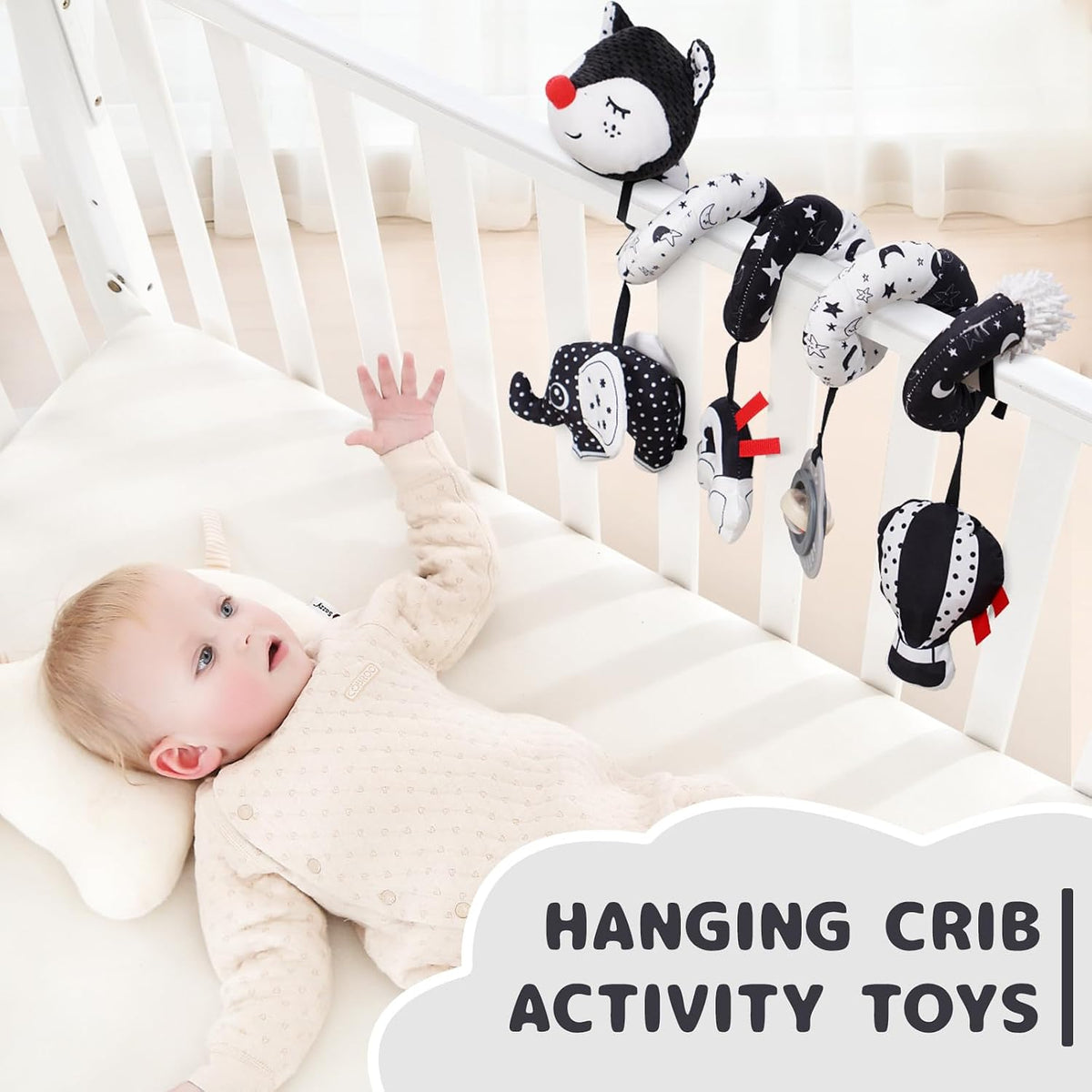 Car Seat Toys, Infant Baby Spiral Plush Activity Hanging Toy for Stroller Bar Pram Crib with Music Box BB Squeaker & Rattles(Black Fox)