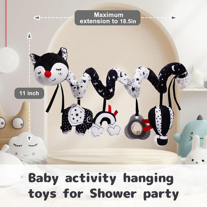 Car Seat Toys, Infant Baby Spiral Plush Activity Hanging Toy for Stroller Bar Pram Crib with Music Box BB Squeaker & Rattles(Black Fox)