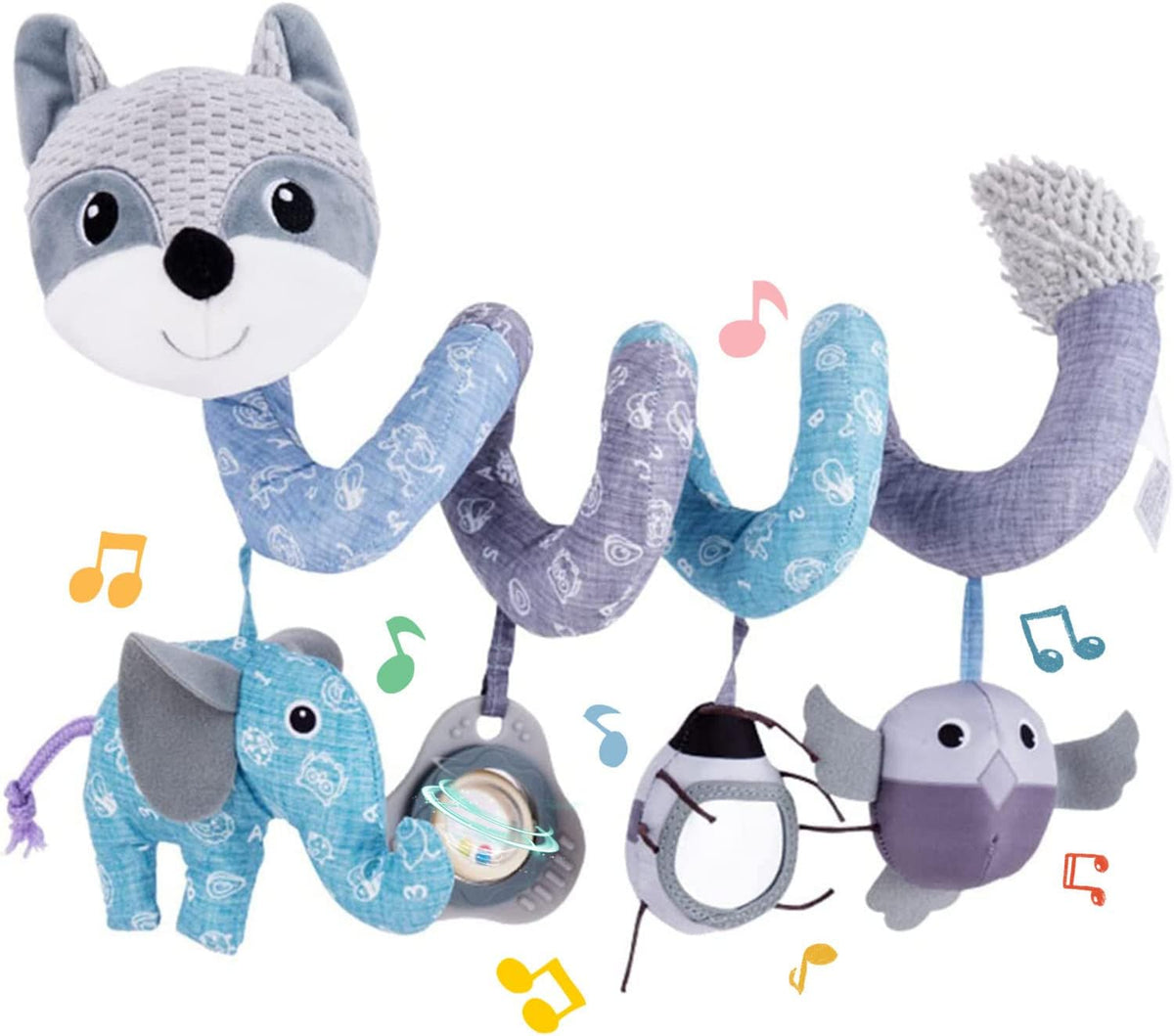 Car Seat Toys, Infant Baby Spiral Plush Activity Hanging Toy for Stroller Bar Pram Crib with Music Box BB Squeaker & Rattles(Black Fox)