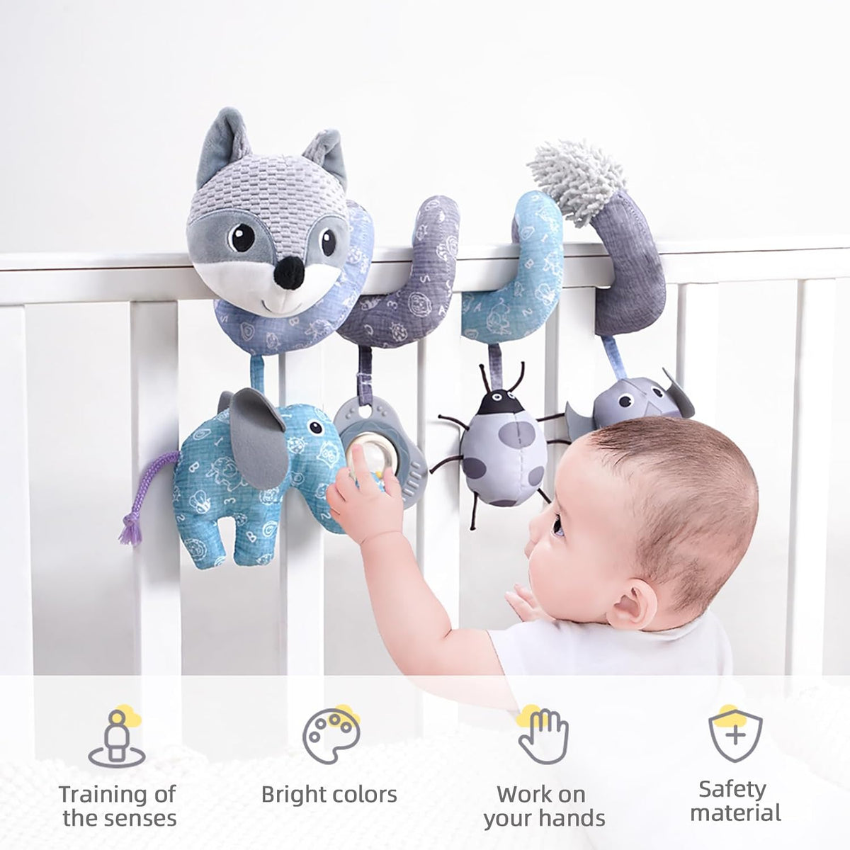 Car Seat Toys, Infant Baby Spiral Plush Activity Hanging Toy for Stroller Bar Pram Crib with Music Box BB Squeaker & Rattles(Black Fox)
