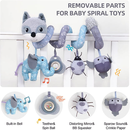 Car Seat Toys, Infant Baby Spiral Plush Activity Hanging Toy for Stroller Bar Pram Crib with Music Box BB Squeaker & Rattles(Black Fox)