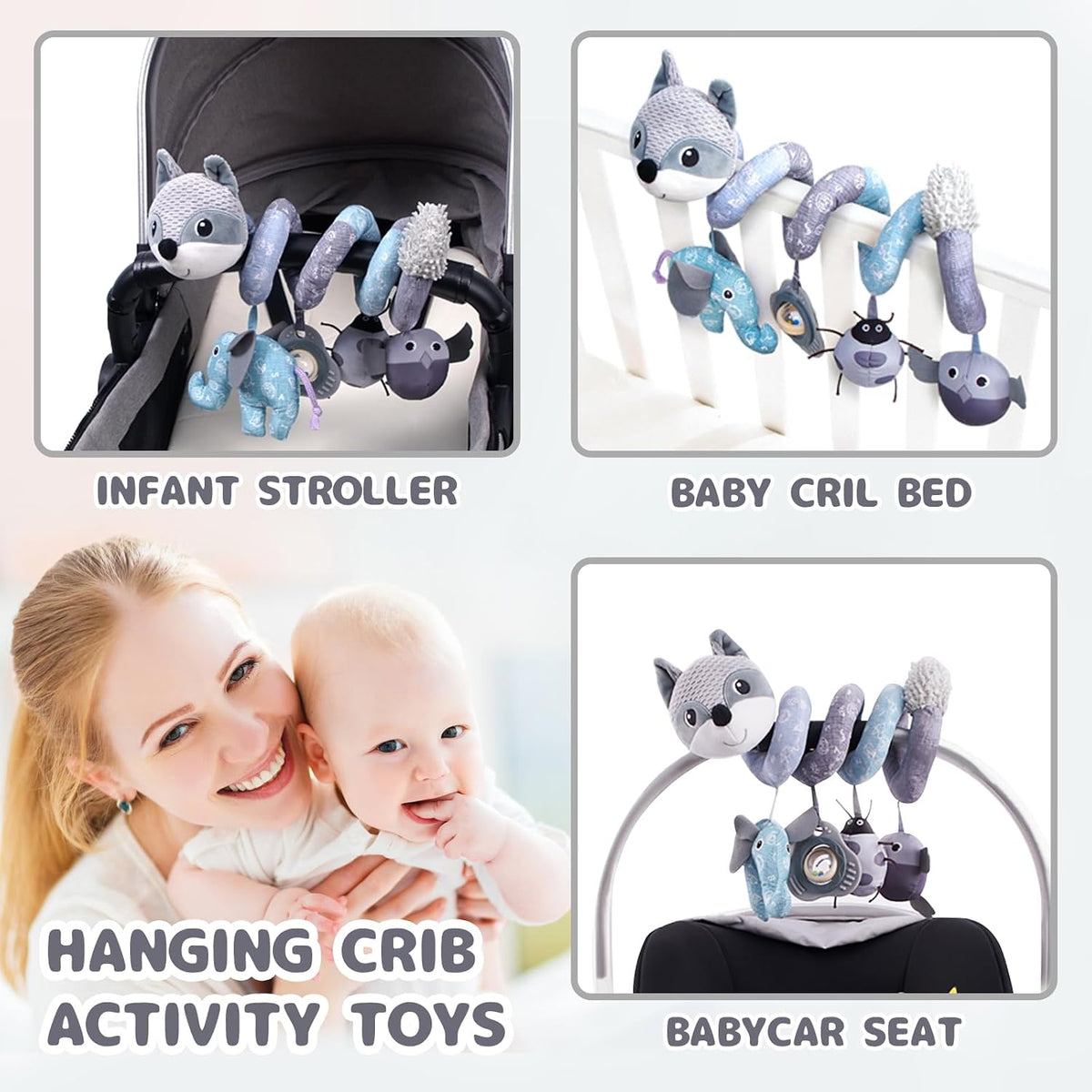 Car Seat Toys, Infant Baby Spiral Plush Activity Hanging Toy for Stroller Bar Pram Crib with Music Box BB Squeaker & Rattles(Black Fox)