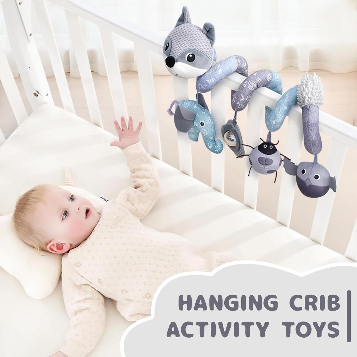 Car Seat Toys, Infant Baby Spiral Plush Activity Hanging Toy for Stroller Bar Pram Crib with Music Box BB Squeaker & Rattles(Black Fox)
