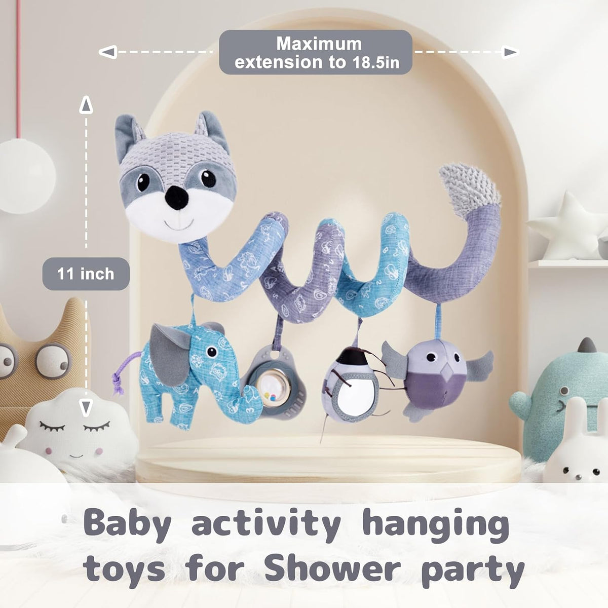 Car Seat Toys, Infant Baby Spiral Plush Activity Hanging Toy for Stroller Bar Pram Crib with Music Box BB Squeaker & Rattles(Black Fox)