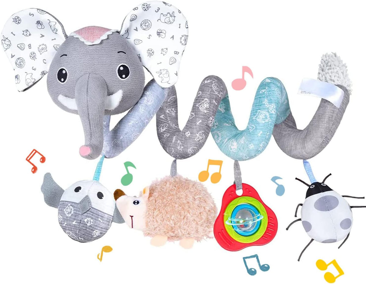 Car Seat Toys, Infant Baby Spiral Plush Activity Hanging Toy for Stroller Bar Pram Crib with Music Box BB Squeaker & Rattles(Black Fox)