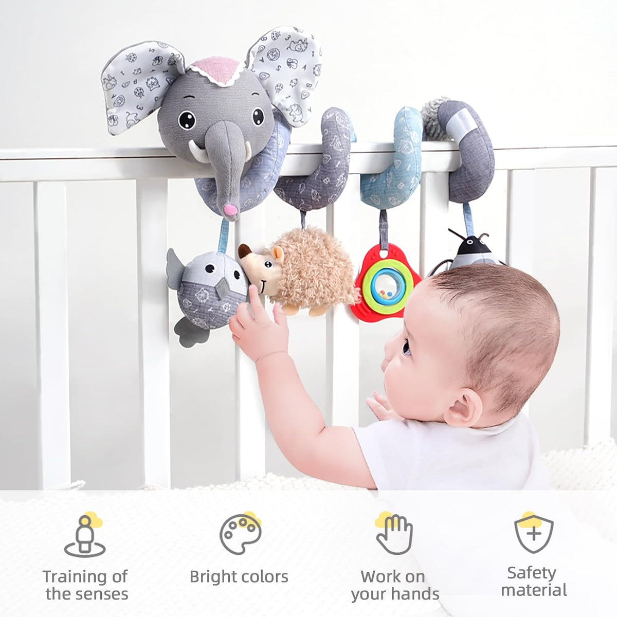 Car Seat Toys, Infant Baby Spiral Plush Activity Hanging Toy for Stroller Bar Pram Crib with Music Box BB Squeaker & Rattles(Black Fox)