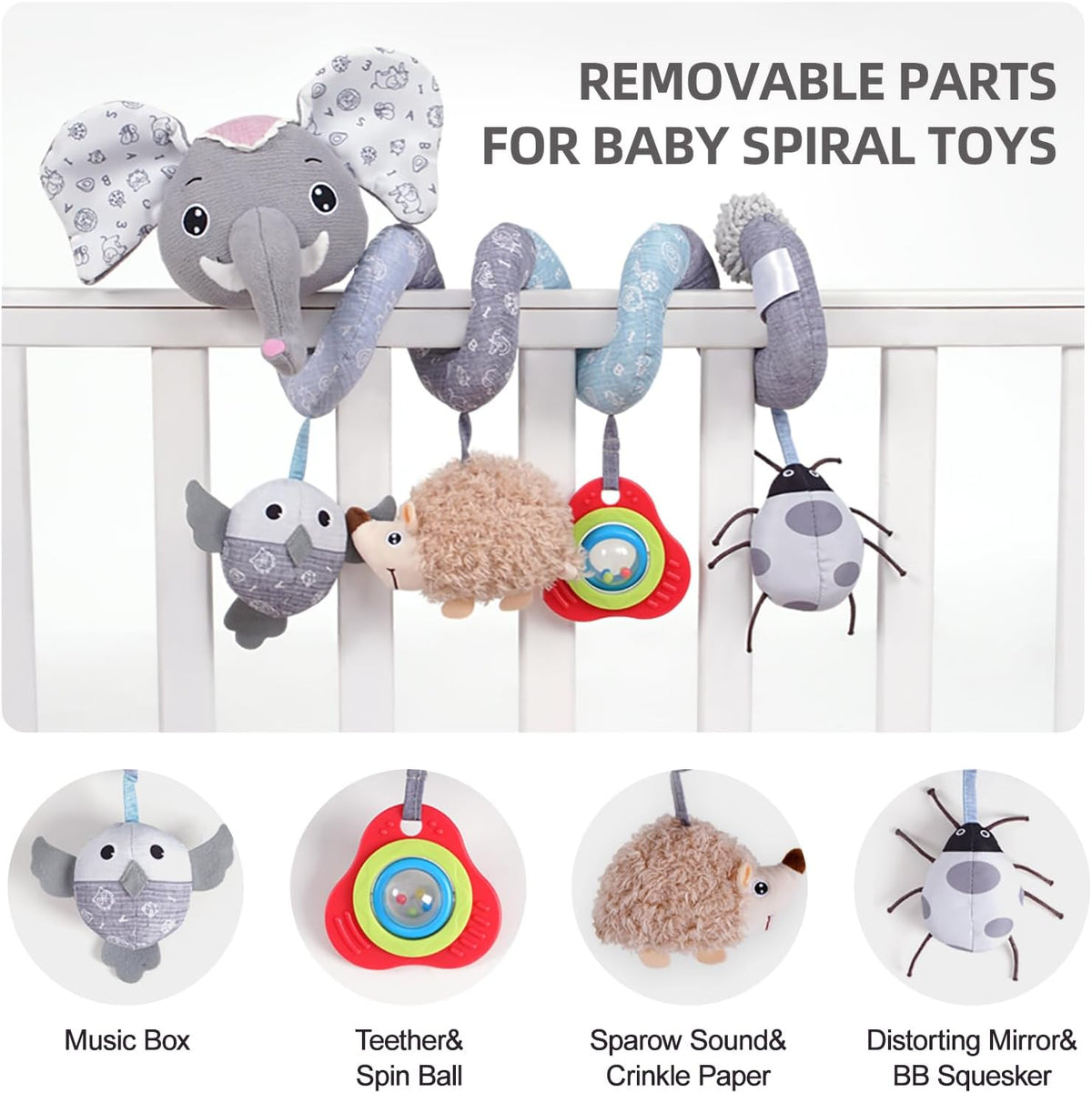 Car Seat Toys, Infant Baby Spiral Plush Activity Hanging Toy for Stroller Bar Pram Crib with Music Box BB Squeaker & Rattles(Black Fox)