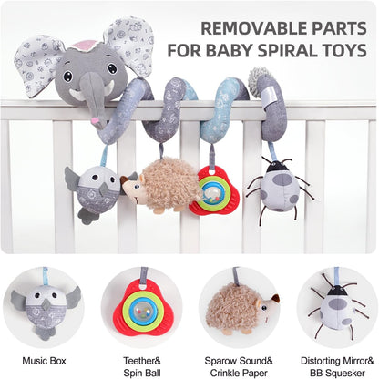 Car Seat Toys, Infant Baby Spiral Plush Activity Hanging Toy for Stroller Bar Pram Crib with Music Box BB Squeaker & Rattles(Black Fox)