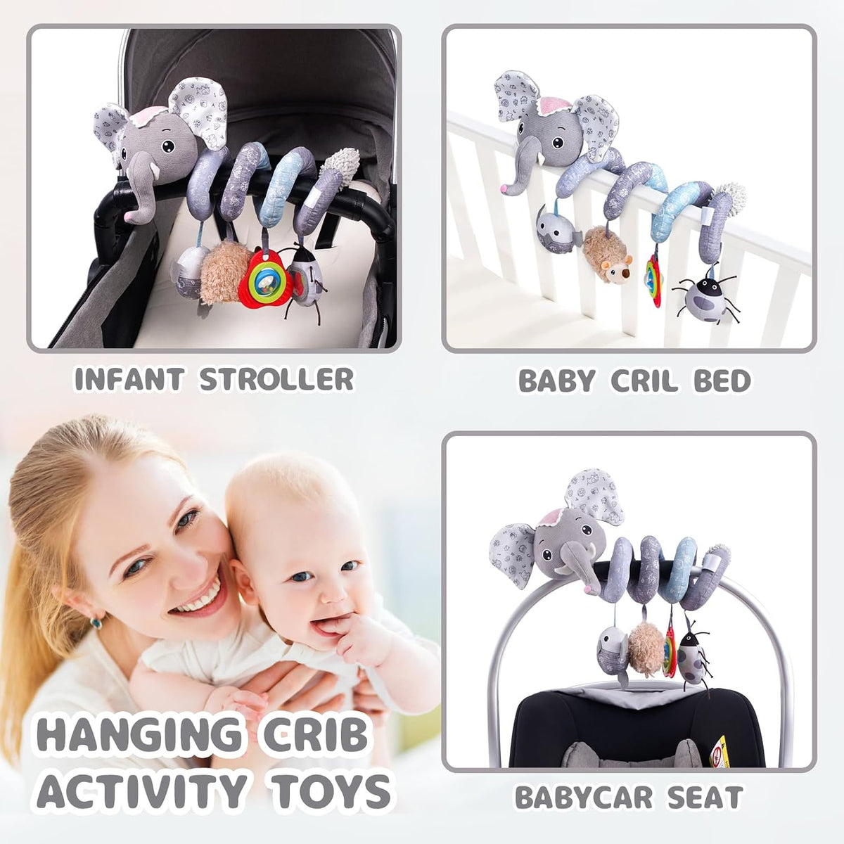 Car Seat Toys, Infant Baby Spiral Plush Activity Hanging Toy for Stroller Bar Pram Crib with Music Box BB Squeaker & Rattles(Black Fox)