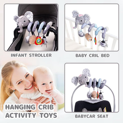 Car Seat Toys, Infant Baby Spiral Plush Activity Hanging Toy for Stroller Bar Pram Crib with Music Box BB Squeaker & Rattles(Black Fox)