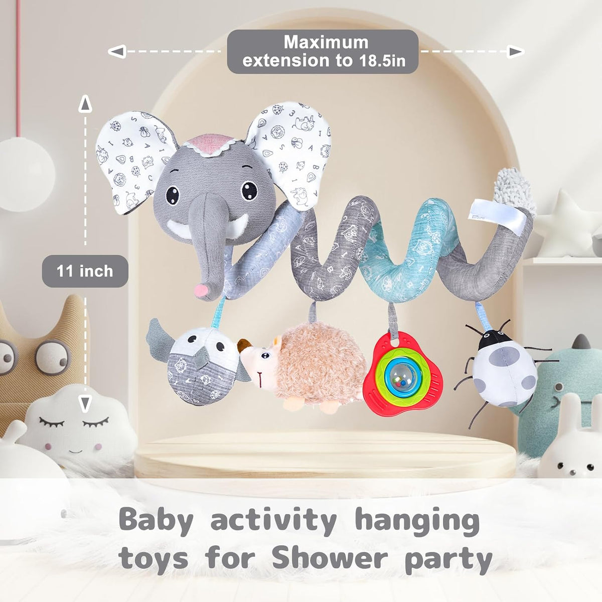 Car Seat Toys, Infant Baby Spiral Plush Activity Hanging Toy for Stroller Bar Pram Crib with Music Box BB Squeaker & Rattles(Black Fox)