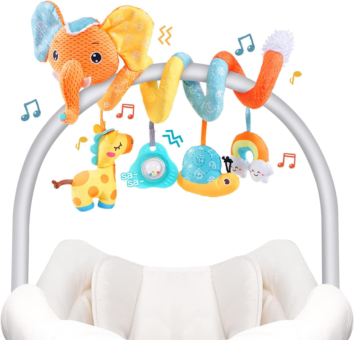 Car Seat Toys, Infant Baby Spiral Plush Activity Hanging Toy for Stroller Bar Pram Crib with Music Box BB Squeaker & Rattles(Black Fox)